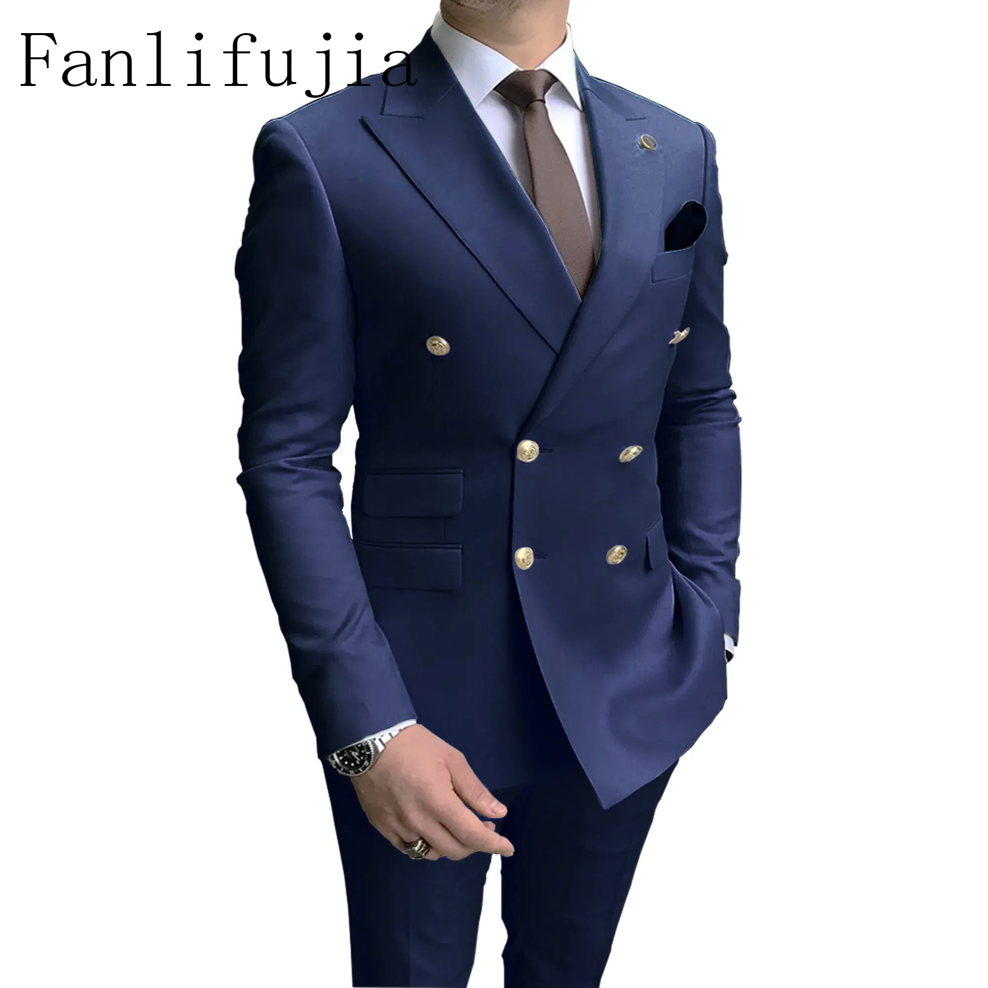 Color: Navy Blue, Size: 4XL - Fanlifujia Store 2024 Casual Sky Blue Men Suits Double Brested Peak Lapel  Gold Button Groom Wedding Tuxedos Best Costume Homme