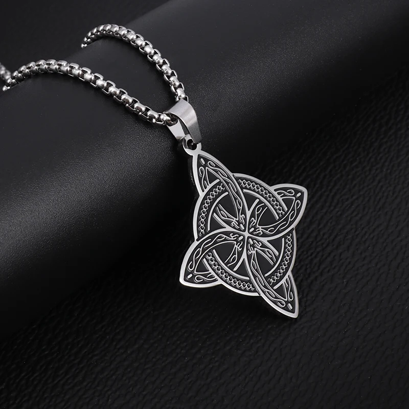 Metal Color: RED-BROWN - Stainless Steel Silver Color Pattern Witch Knot Pendant Necklace Celtic Knot Lucky Jewelry Gift for Friends Family