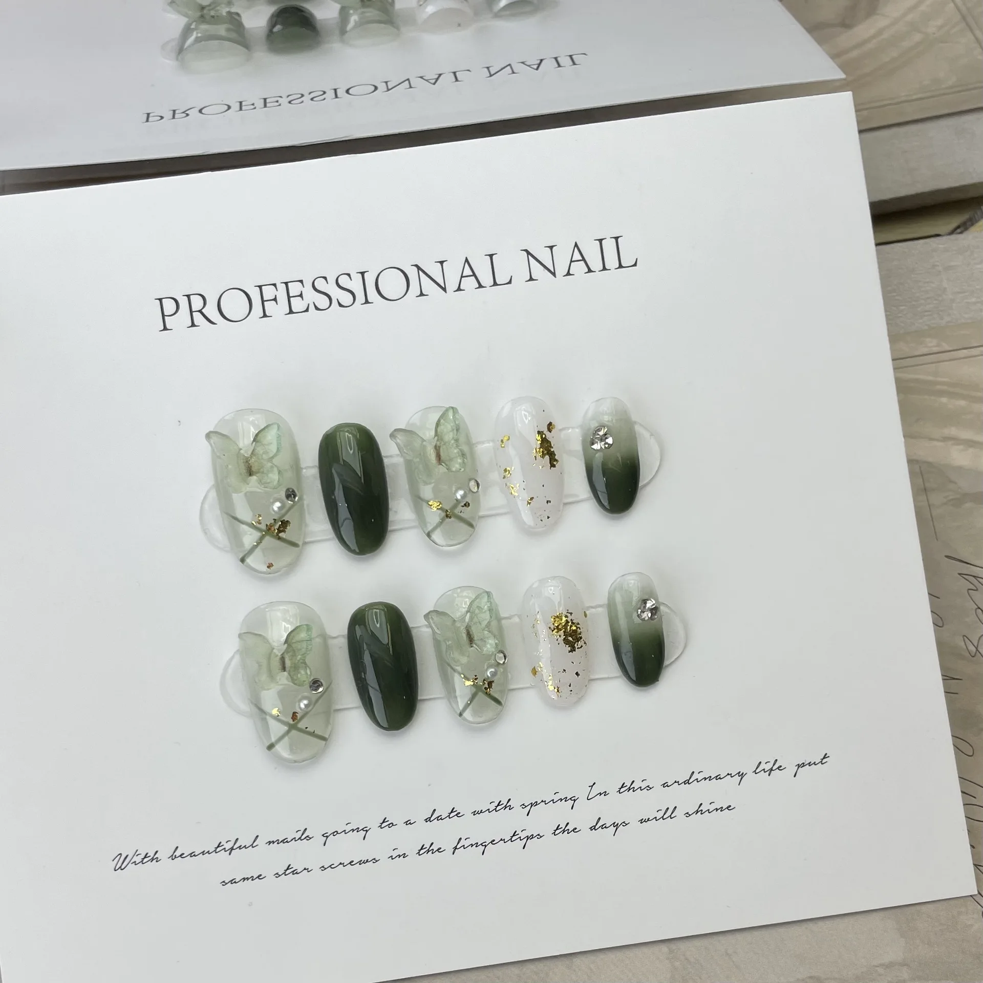 Color: Beige - 10 pcs Luxury Handmade Press on Nails Middle Ellipse Lvye Elf Design False Nails with 4-PIECE Tool Adhesive Nail Glue Tabs