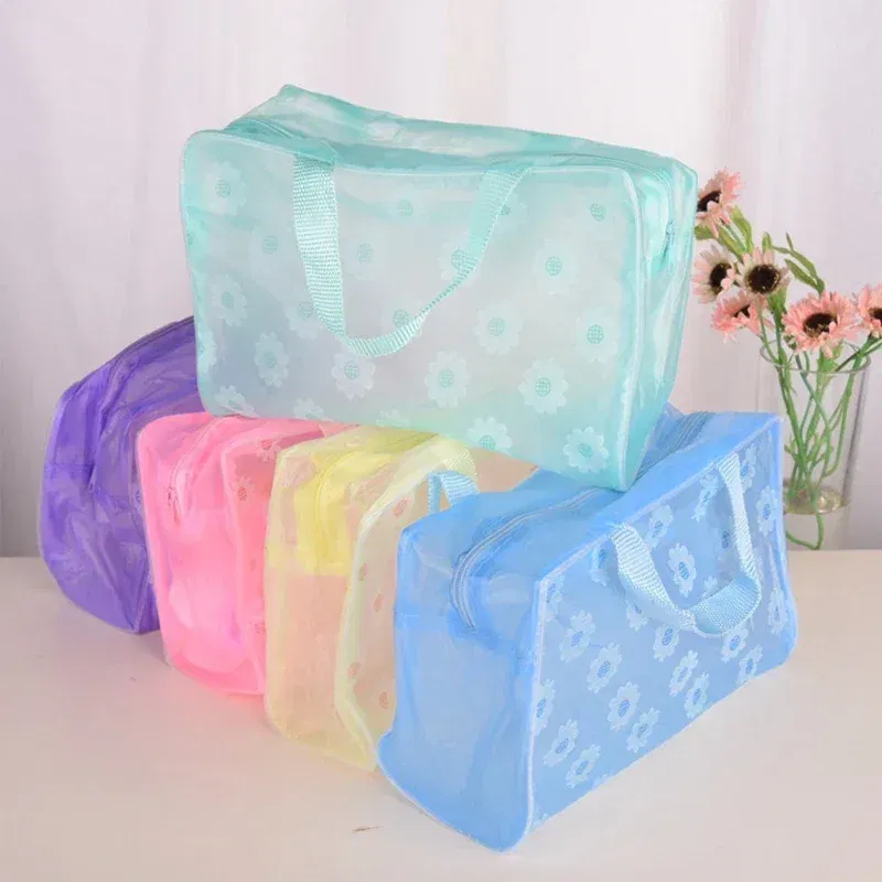 Color: green - Floral PVC Transparent Cosmetic Bag Clear Makeup Bag for Women Girl Waterproof Zipper Beauty Case Travel Toiletry Bags Handbag