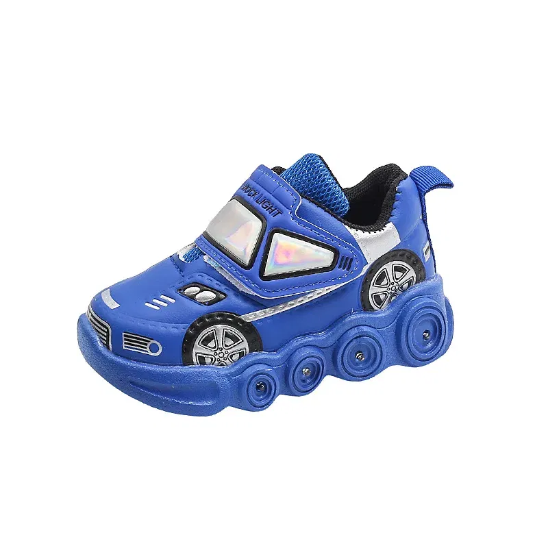 Color: WHITE, Shoe Size: 26 - Diseny Kids'Casual Shoes Led Light Car Club Cartoon PU Leather Spring Shoes For Children Anti-slip Red Blue Shoes Size 21-30