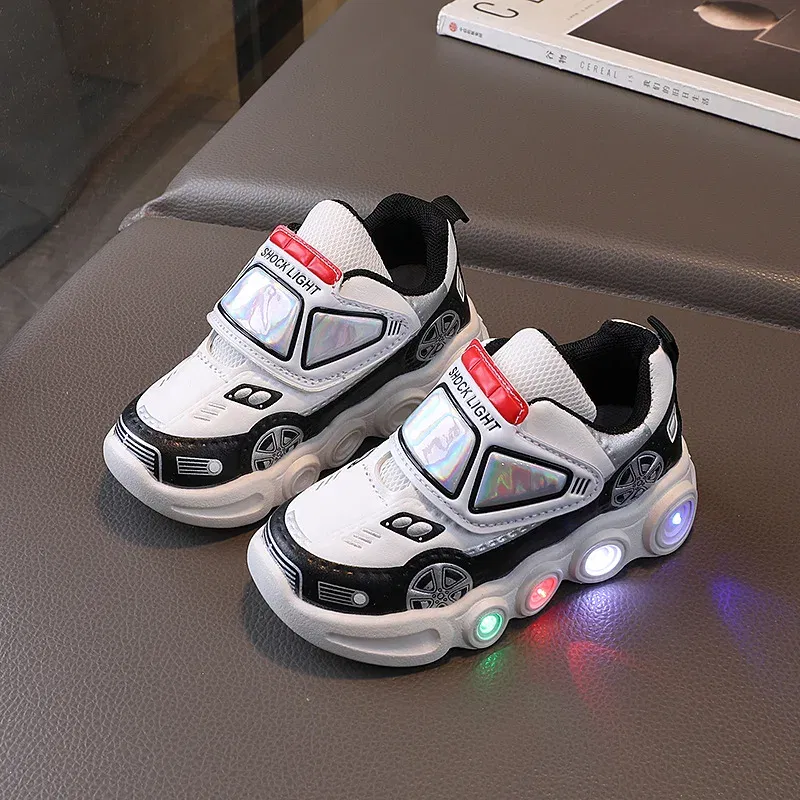 Color: WHITE, Shoe Size: 26 - Diseny Kids'Casual Shoes Led Light Car Club Cartoon PU Leather Spring Shoes For Children Anti-slip Red Blue Shoes Size 21-30