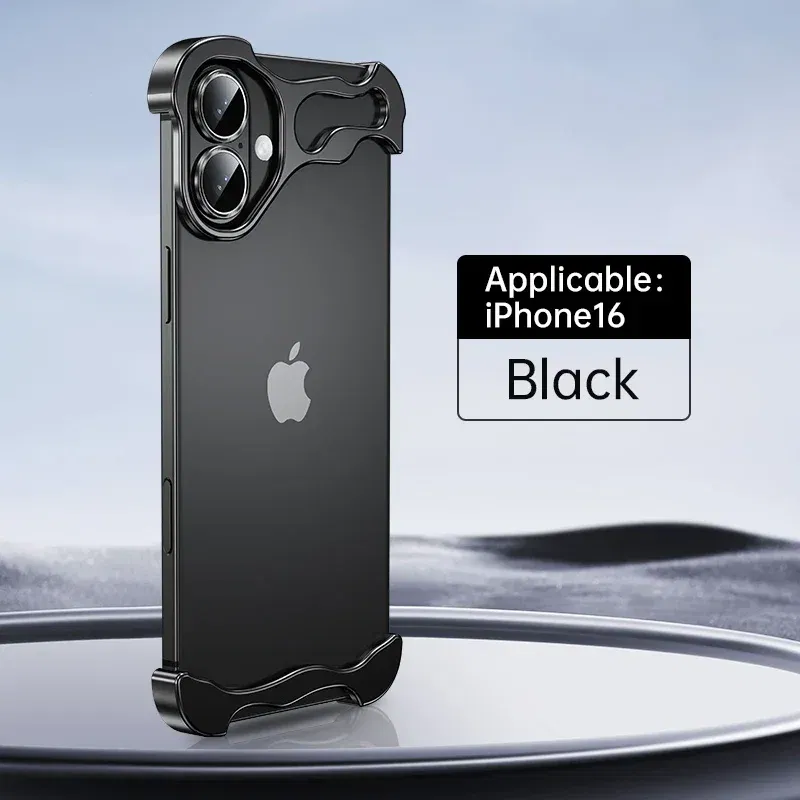Color: Gold, Material: PVC - Aluminum Metal Rimless Phone Case for iPhone 16 15 14 Plus 13 12 Pro Max Lens Protective Film Hollow Logo Cooling Accessory Case