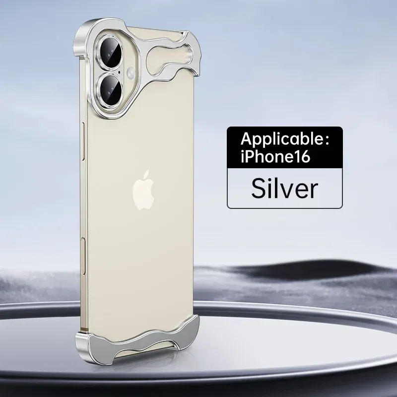 Color: Gold, Material: PVC - Aluminum Metal Rimless Phone Case for iPhone 16 15 14 Plus 13 12 Pro Max Lens Protective Film Hollow Logo Cooling Accessory Case