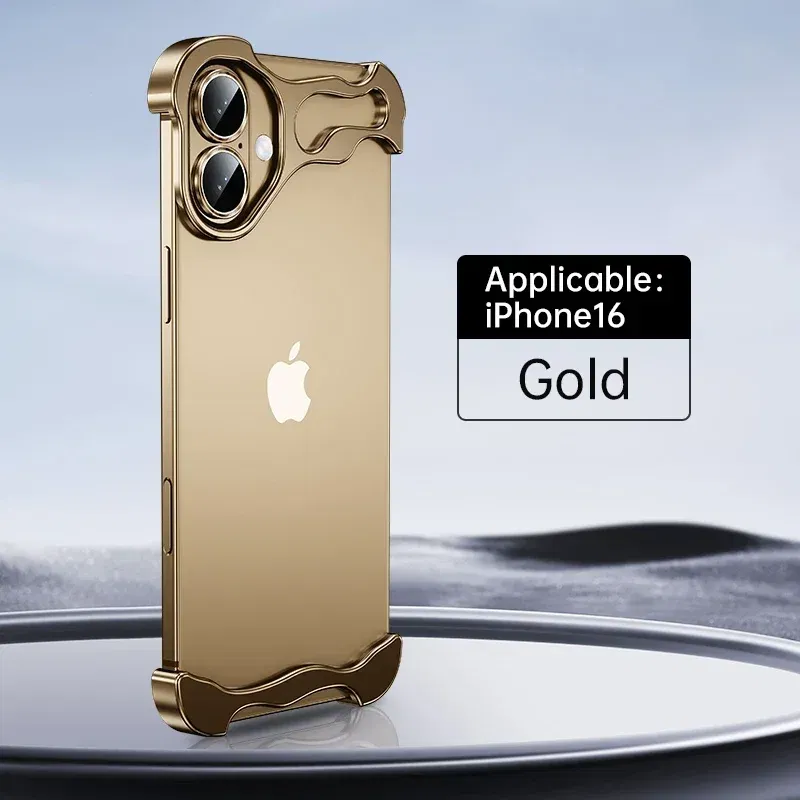 Color: Gold, Material: PVC - Aluminum Metal Rimless Phone Case for iPhone 16 15 14 Plus 13 12 Pro Max Lens Protective Film Hollow Logo Cooling Accessory Case