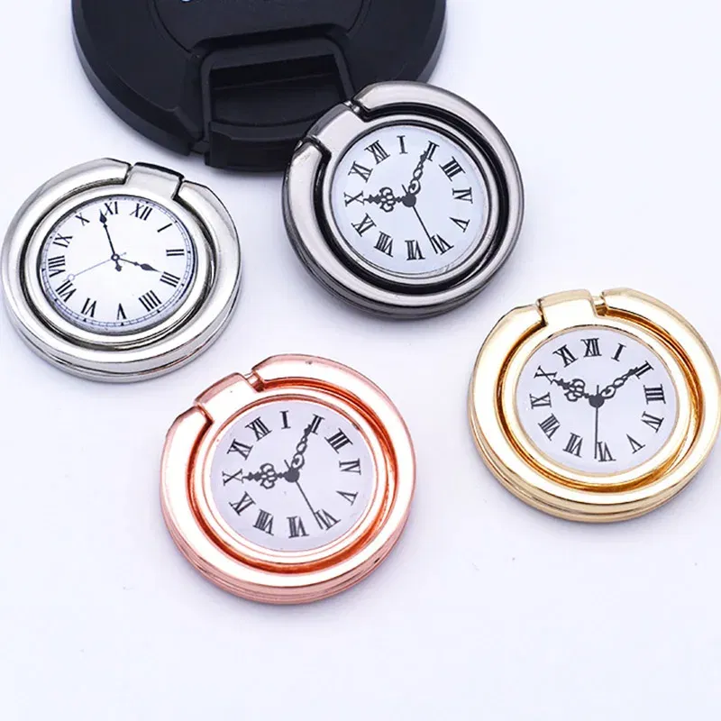 Color: Silver - Clock Mobile Phone Ring Holder Full Metal Mobile Phone Ring Buckle Clock Ring Buckle 360-degree Rotating Universal Bracket
