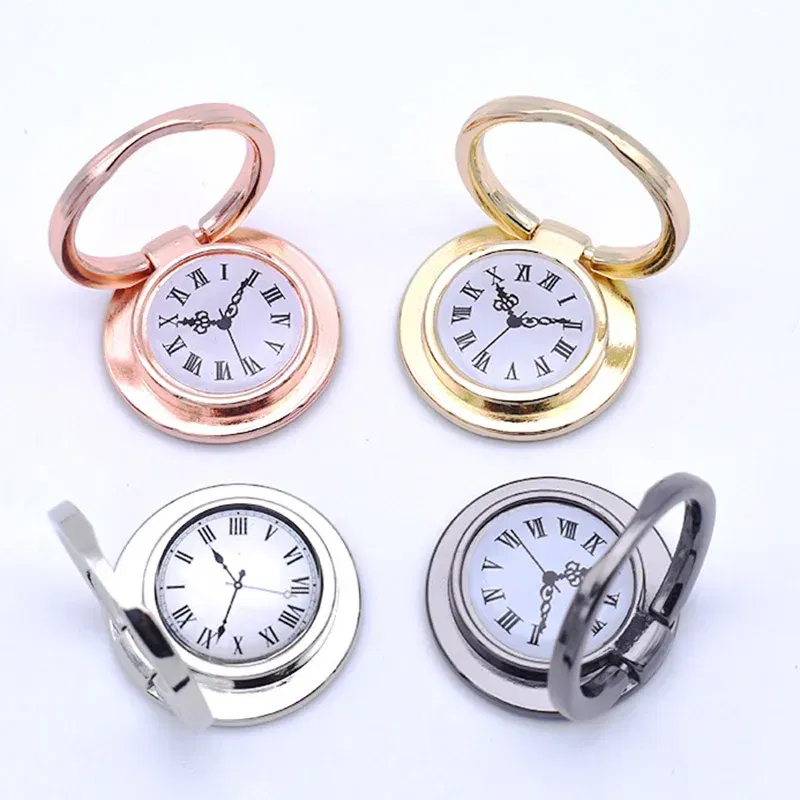 Color: Silver - Clock Mobile Phone Ring Holder Full Metal Mobile Phone Ring Buckle Clock Ring Buckle 360-degree Rotating Universal Bracket