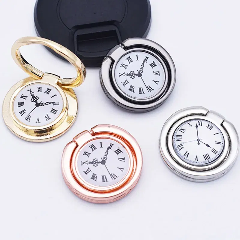 Color: Silver - Clock Mobile Phone Ring Holder Full Metal Mobile Phone Ring Buckle Clock Ring Buckle 360-degree Rotating Universal Bracket