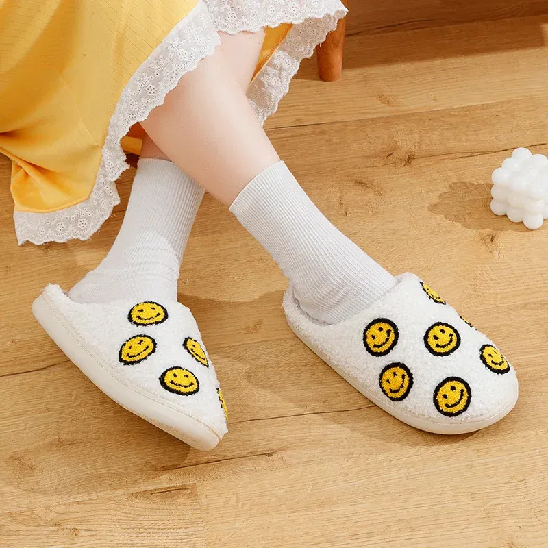Color: light yellow, Shoe Size: 3.5 - Little Cute Smile Women Slippers Houseshoes House Smile Face Ladies Indoor Winter Fluffy Cozy Home Comfy Shoes