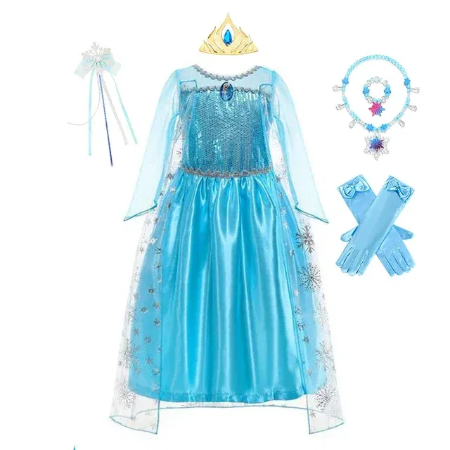 Color: Khaki, Kid Size: 13 - Disney Girls Cospaly Snow Queen Elsa Costumes Kids Carnival Party Prom Gown Robe-Playing Children Clothes Frozen Princess Dress