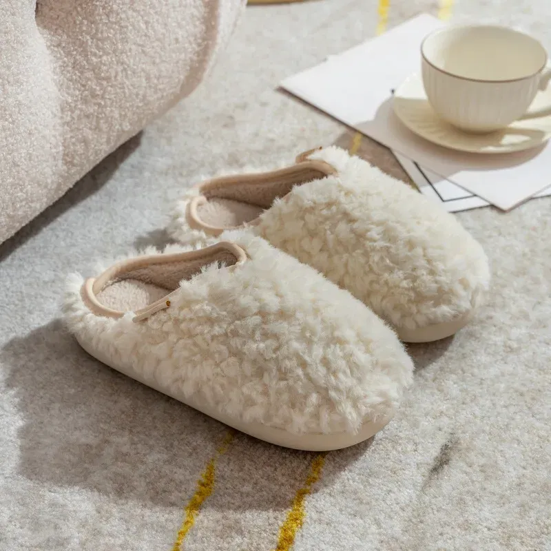 Color: Beige, Shoe Size: 36-37, Ships From: CHINA - Gacimy Women's Winter Fuzzy Slippers Indoor Warm Soft Sole Fluffy Home Slides Plush Women Flat Shoes Couple Fur Cotton Slippers