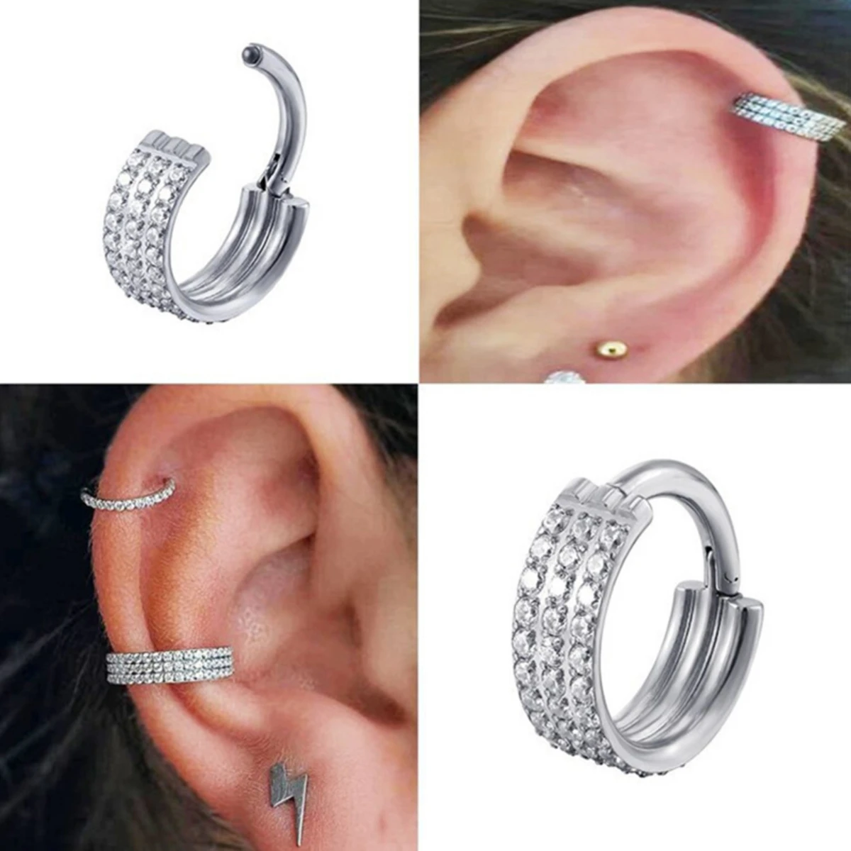 Metal color: Rhodium Plated, Main Stone Color: black - G23 Titanium Piercing Hinged Segment Hoops CZ Stone Nose Rings Ear Cartilage Tragus Helix Earrings Piercing Body Jewelry