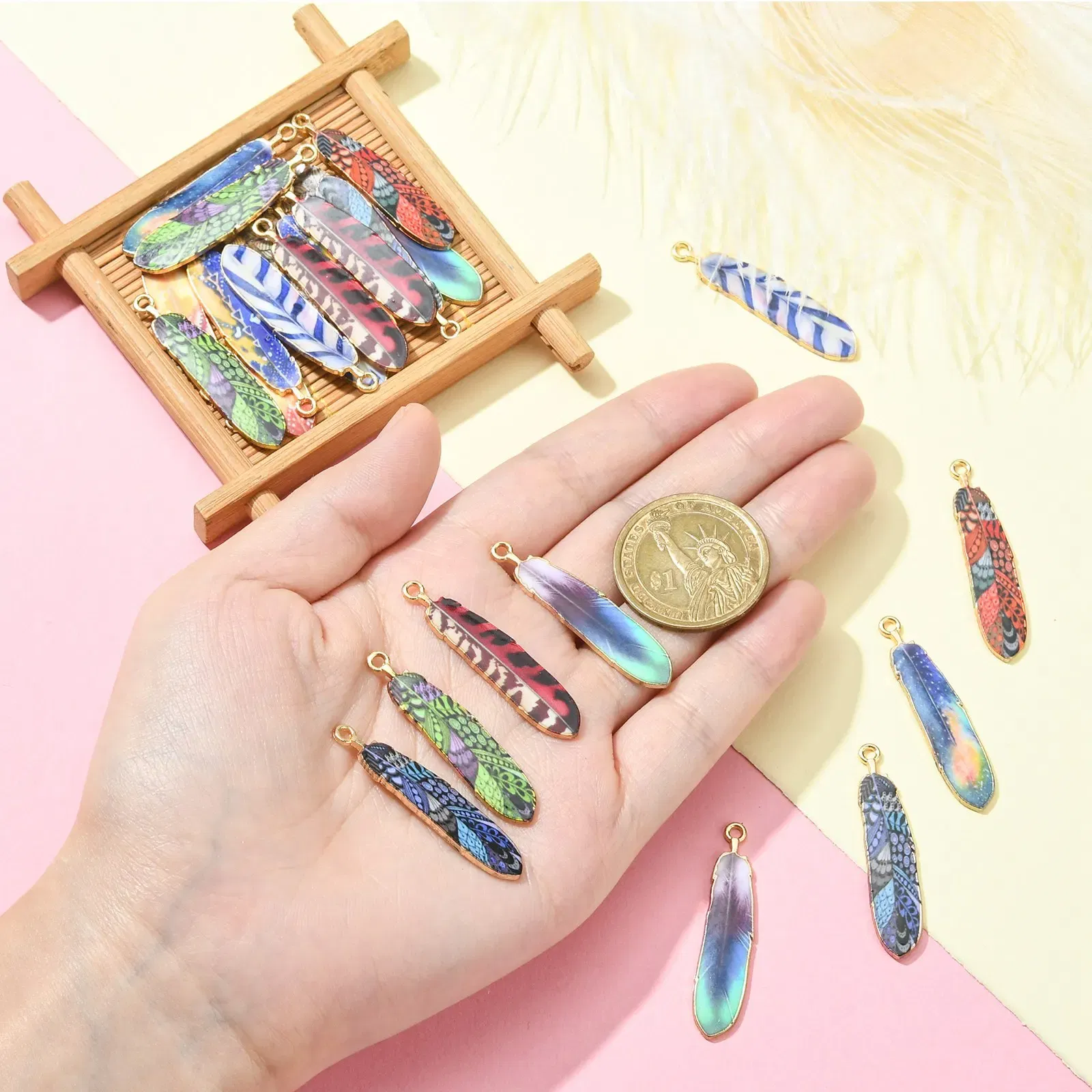 PandaHall 30Pcs 10 Styles Enamel Feather Charms Printed Enamel Charms Feather Charms for DIY Bracelet Necklace Jewelry Making