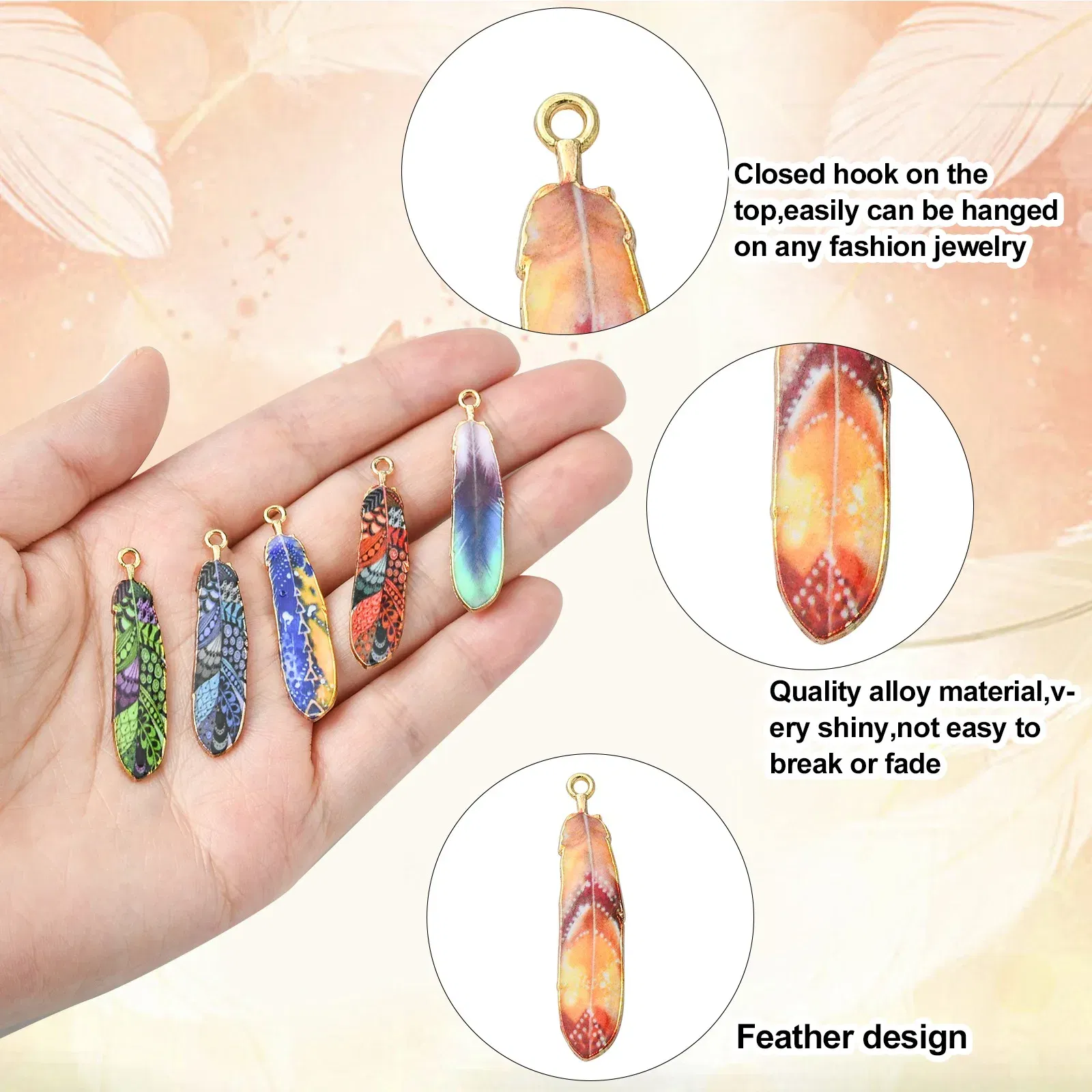 PandaHall 30Pcs 10 Styles Enamel Feather Charms Printed Enamel Charms Feather Charms for DIY Bracelet Necklace Jewelry Making
