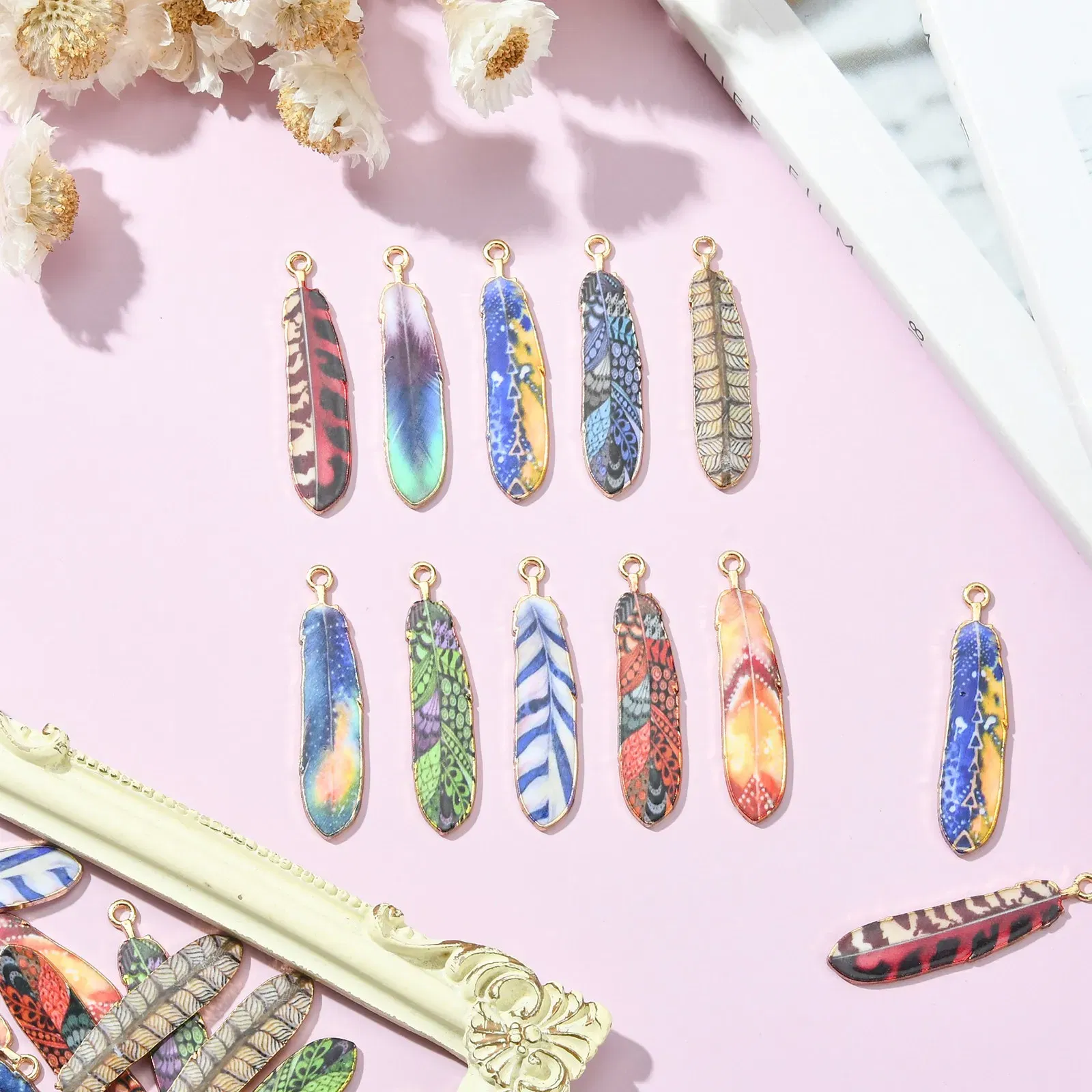 PandaHall 30Pcs 10 Styles Enamel Feather Charms Printed Enamel Charms Feather Charms for DIY Bracelet Necklace Jewelry Making