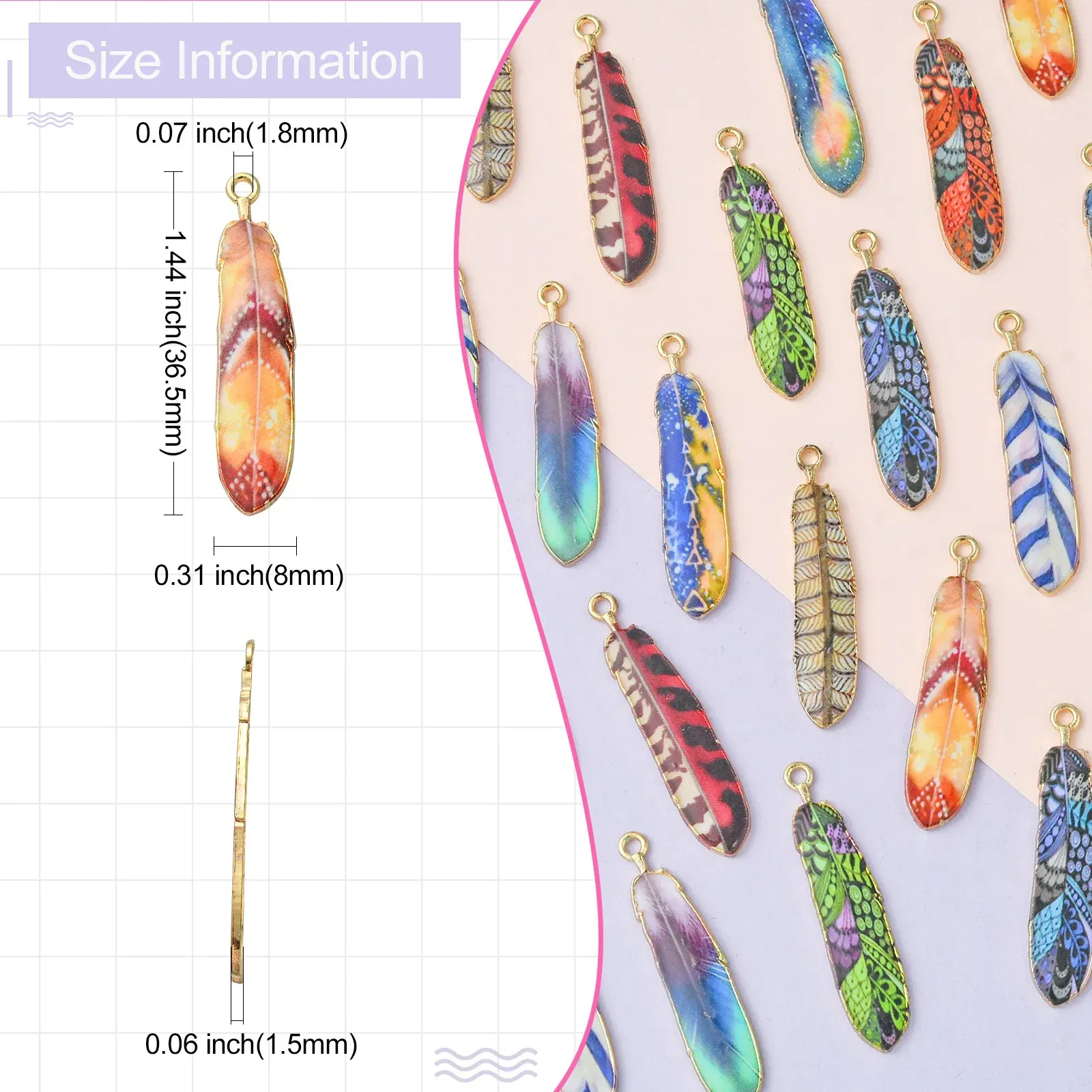 PandaHall 30Pcs 10 Styles Enamel Feather Charms Printed Enamel Charms Feather Charms for DIY Bracelet Necklace Jewelry Making