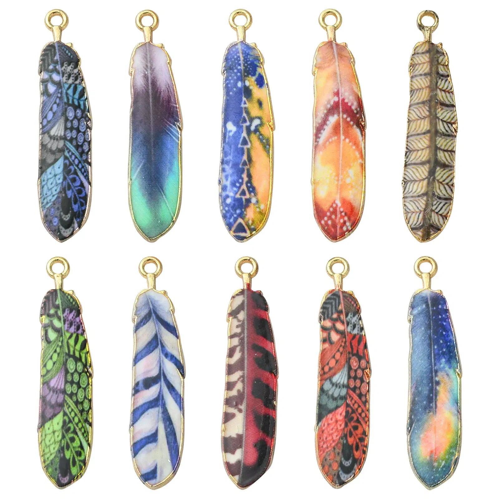 PandaHall 30Pcs 10 Styles Enamel Feather Charms Printed Enamel Charms Feather Charms for DIY Bracelet Necklace Jewelry Making