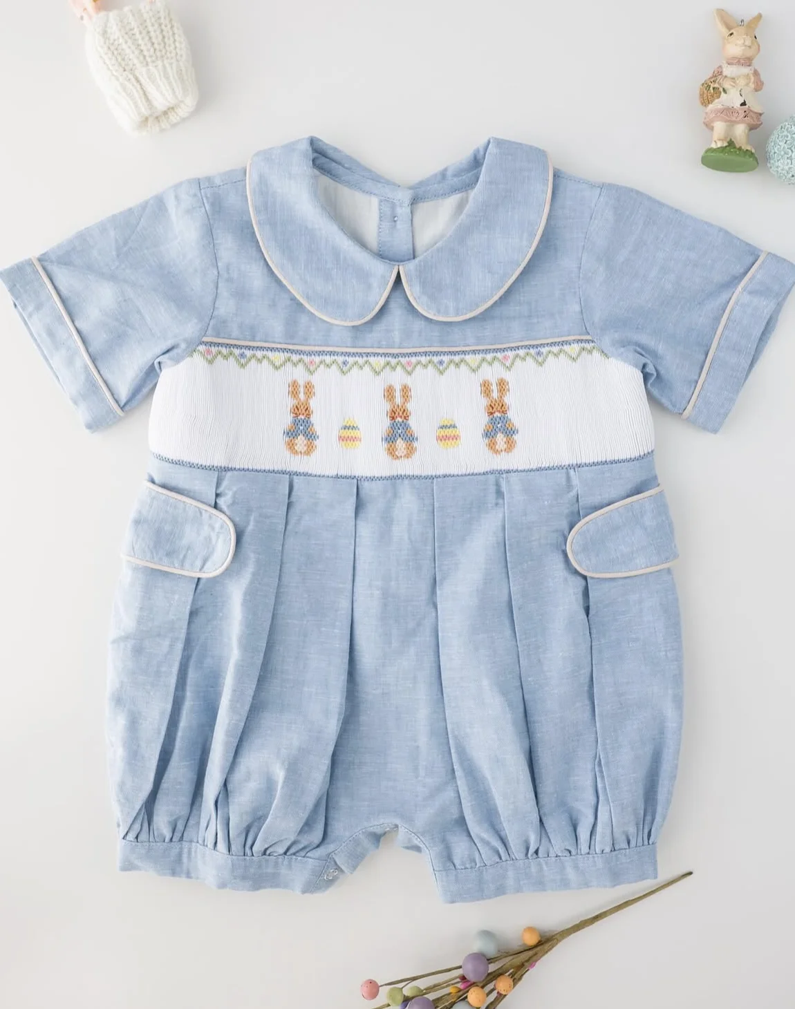 Kid Size: 5T - 0-6Y Baby Boy Summer Rabbits Handmade Embroidery Smocked Blue Rompers for Birthday Phototgraphy Party Holiday Eid Casual A5