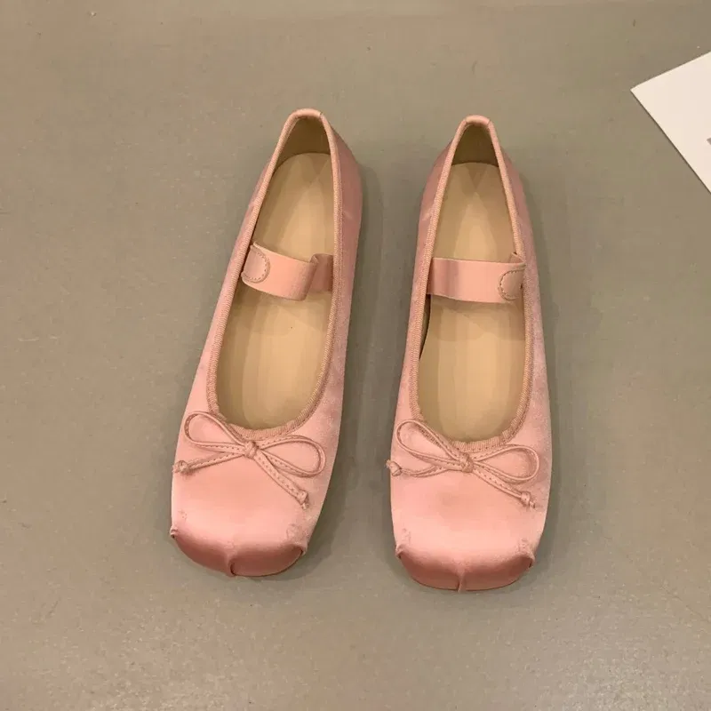 Color: Blue, Shoe Size: 37 - 2023Luxury Satin Silk Ballet Shoes Woman Classic Square Toe Bowtie Elastic Band Ballerina Flats Ladies Soft Loafers
