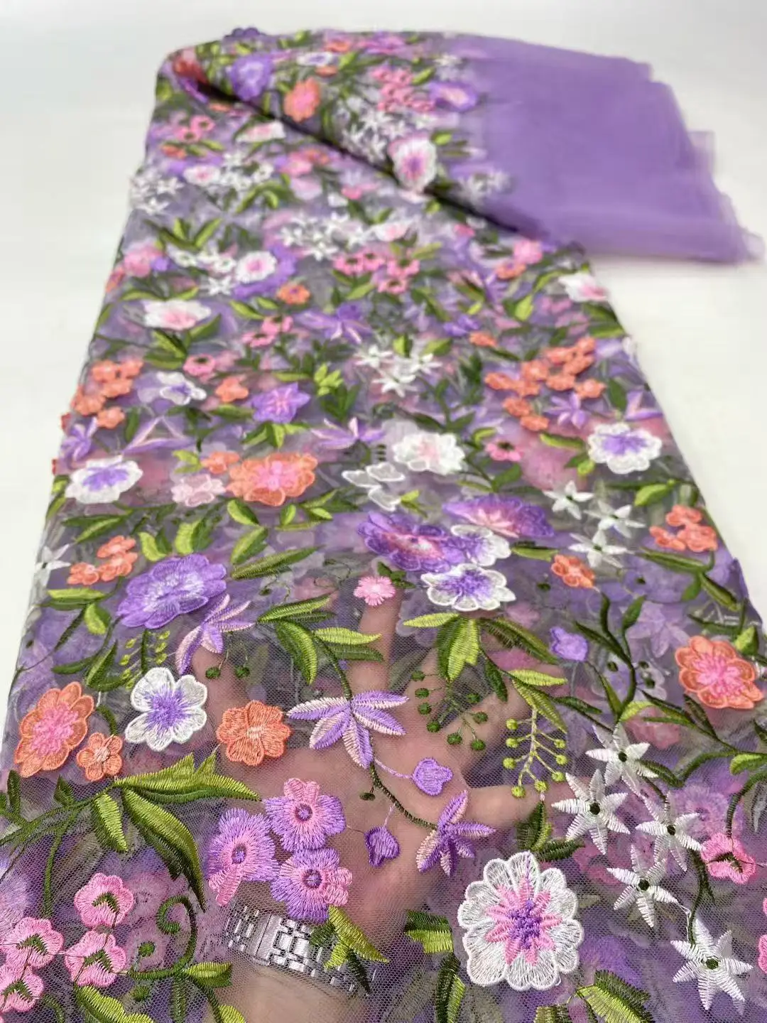 Color: GRAY, Width: 120cm, Length: 5 yards - Purple 3D Flowers French Latest Nigerian Lace Fabrics 2025 High Quality Net African Lace with Beads for Wedding Party 2025