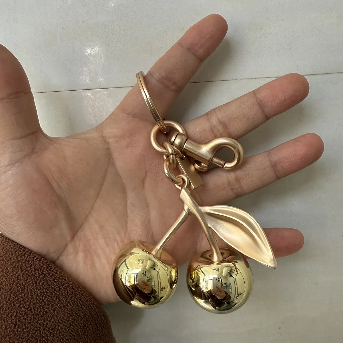 Color: Bronze - Fashion Glitter Gold Cherry Keychain Summer Fruits Cherries Pendant Keyring For Women Men Jewelry Bag Accessories Gift