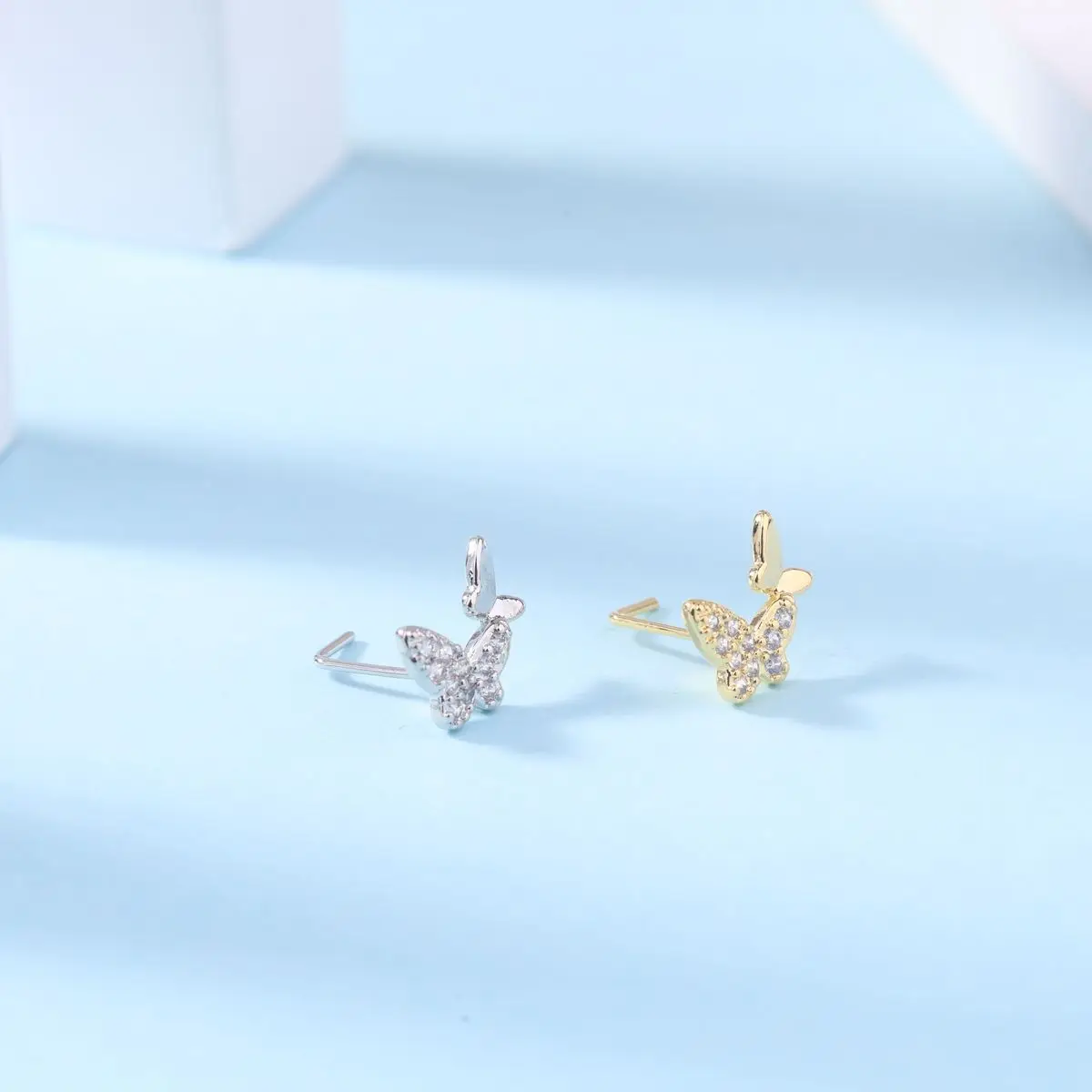 Metal color: Gold-color - 20G L Shaped Nose Studs CZ Cute Butterfly Design Gold Silver Color Nose Piercing for Women Girl Nostril Jewelry