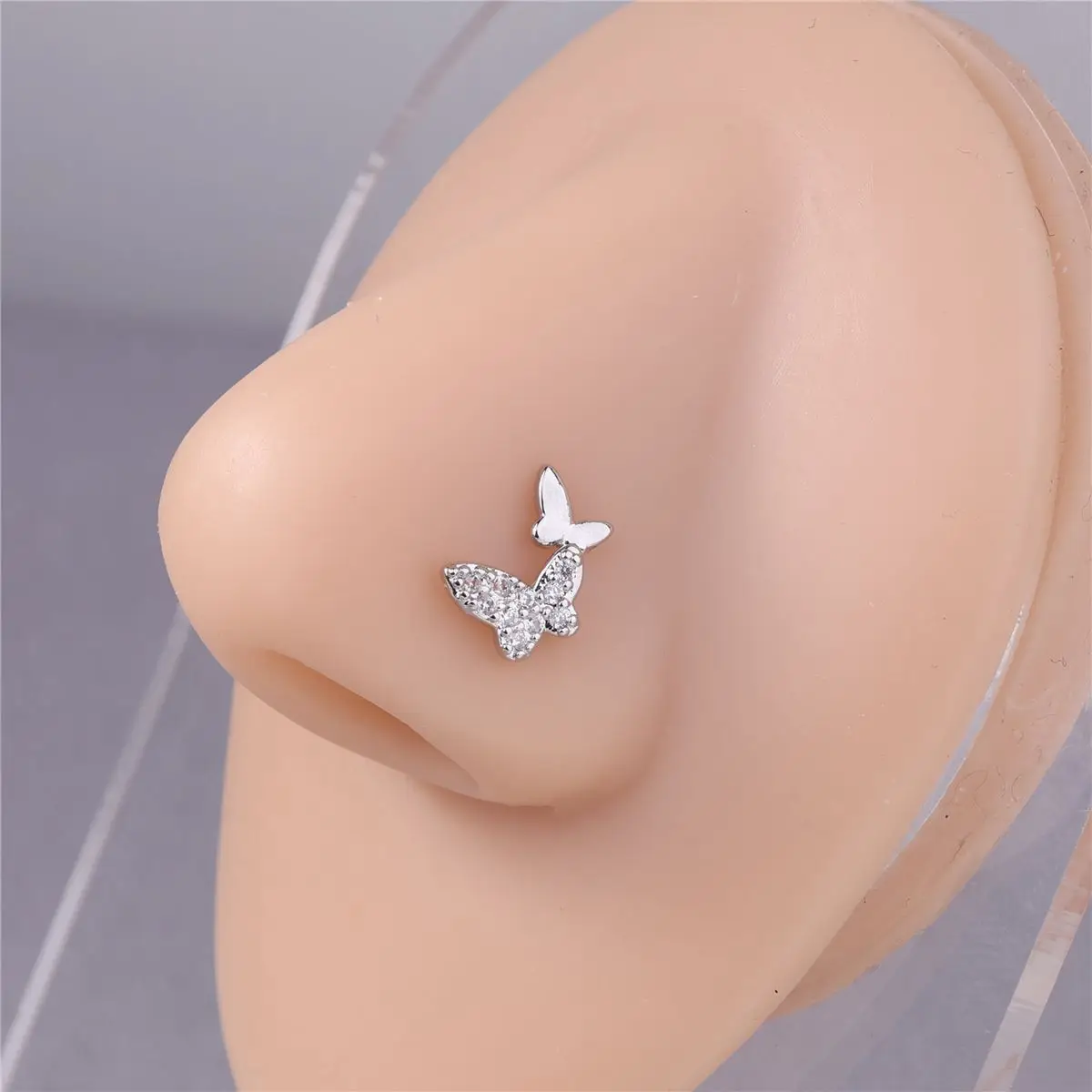 Metal color: Gold-color - 20G L Shaped Nose Studs CZ Cute Butterfly Design Gold Silver Color Nose Piercing for Women Girl Nostril Jewelry