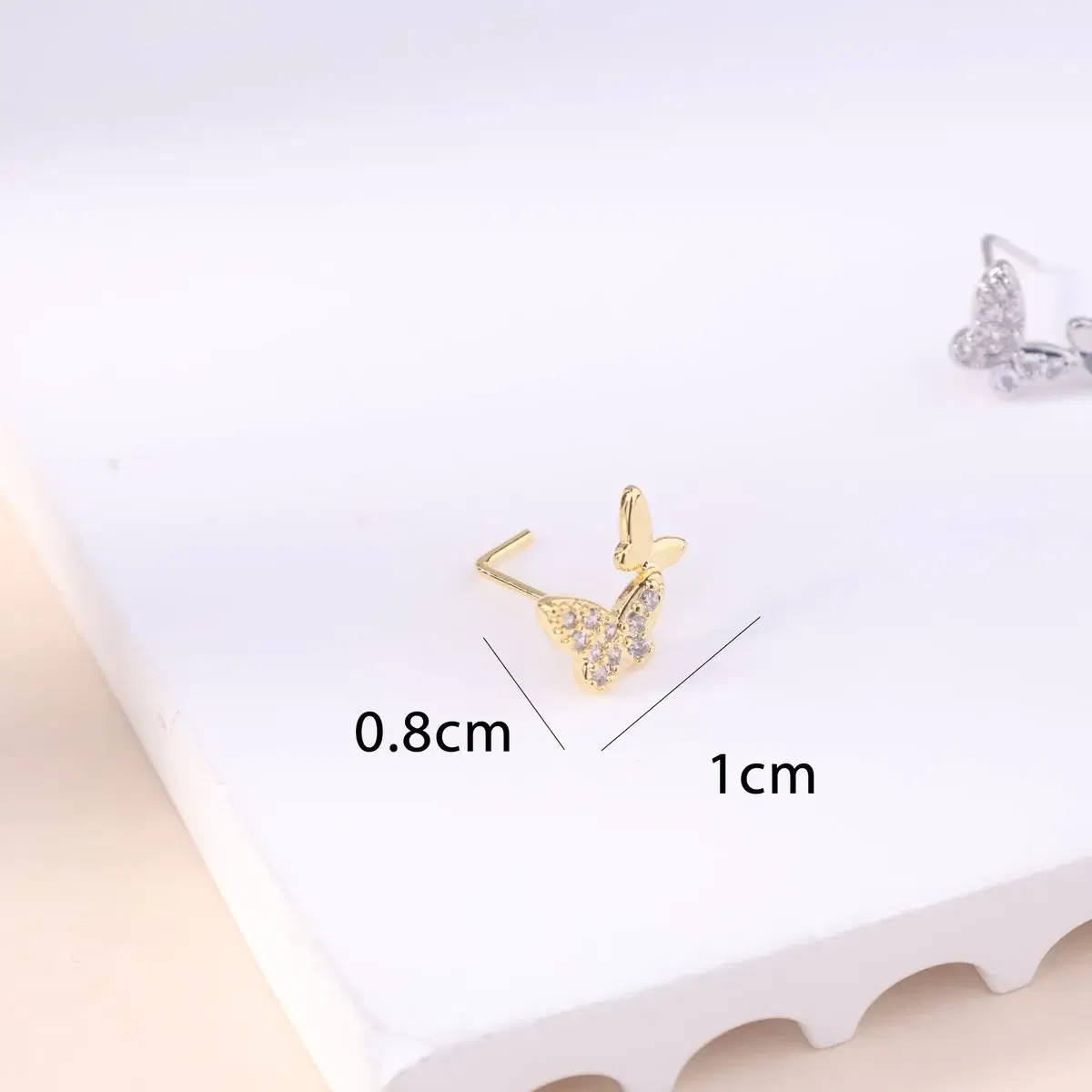 Metal color: Gold-color - 20G L Shaped Nose Studs CZ Cute Butterfly Design Gold Silver Color Nose Piercing for Women Girl Nostril Jewelry