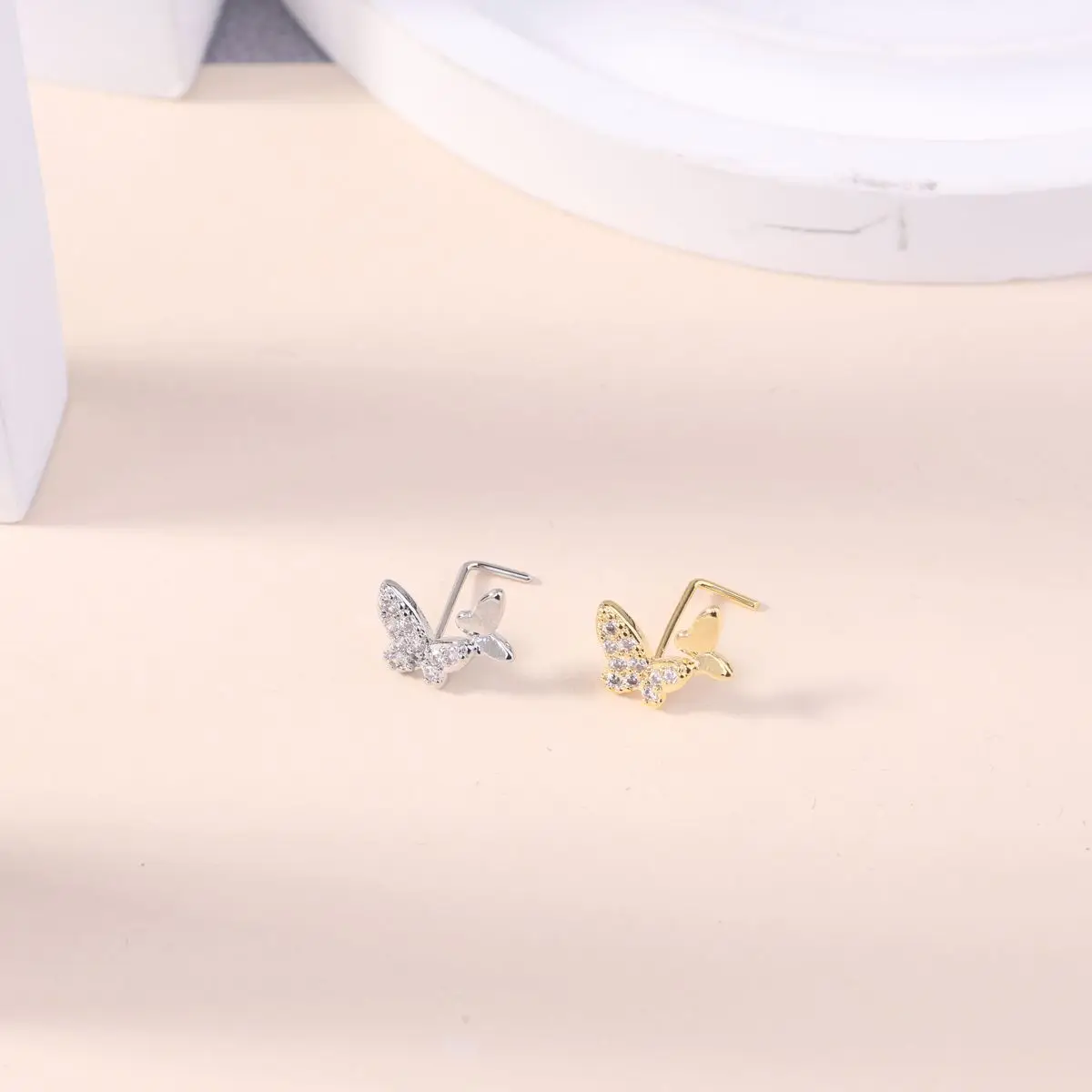 Metal color: Gold-color - 20G L Shaped Nose Studs CZ Cute Butterfly Design Gold Silver Color Nose Piercing for Women Girl Nostril Jewelry