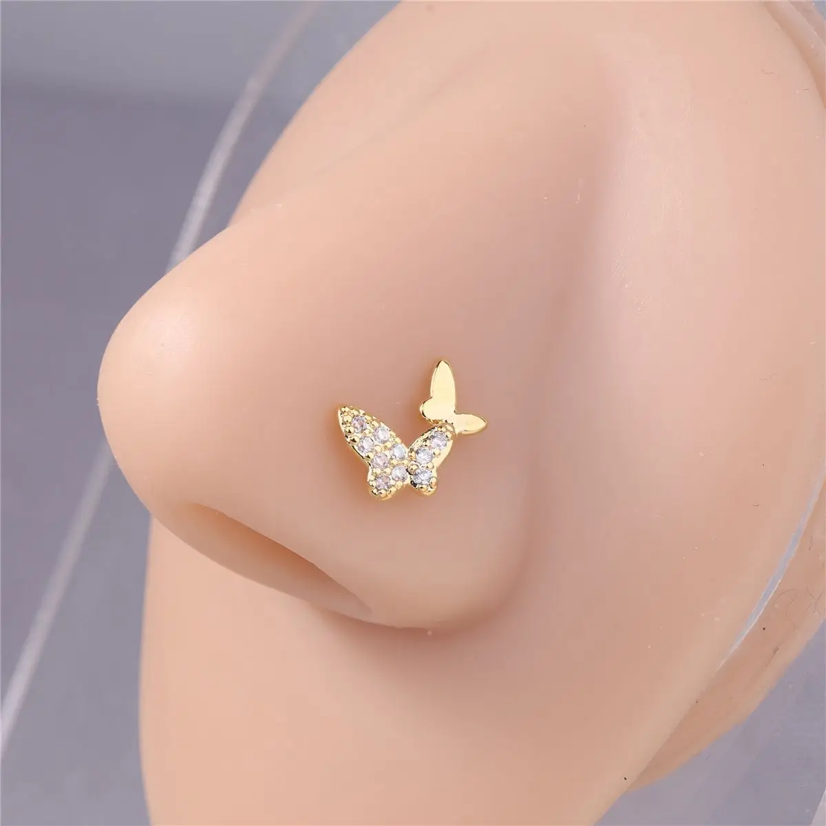 Metal color: Gold-color - 20G L Shaped Nose Studs CZ Cute Butterfly Design Gold Silver Color Nose Piercing for Women Girl Nostril Jewelry