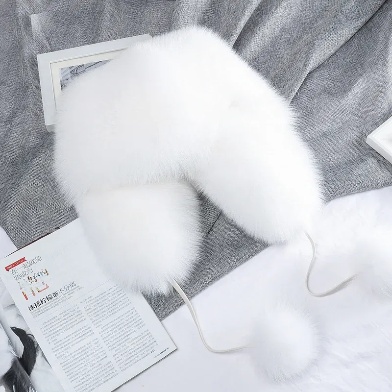 Color: Yellow, Hat Size: 54 - 2025 Winter 100% Real Silver Fox Fur Bomber Hat Raccoon Fur Ushanka Cap Trapper Russian Men's Ski Hats Caps