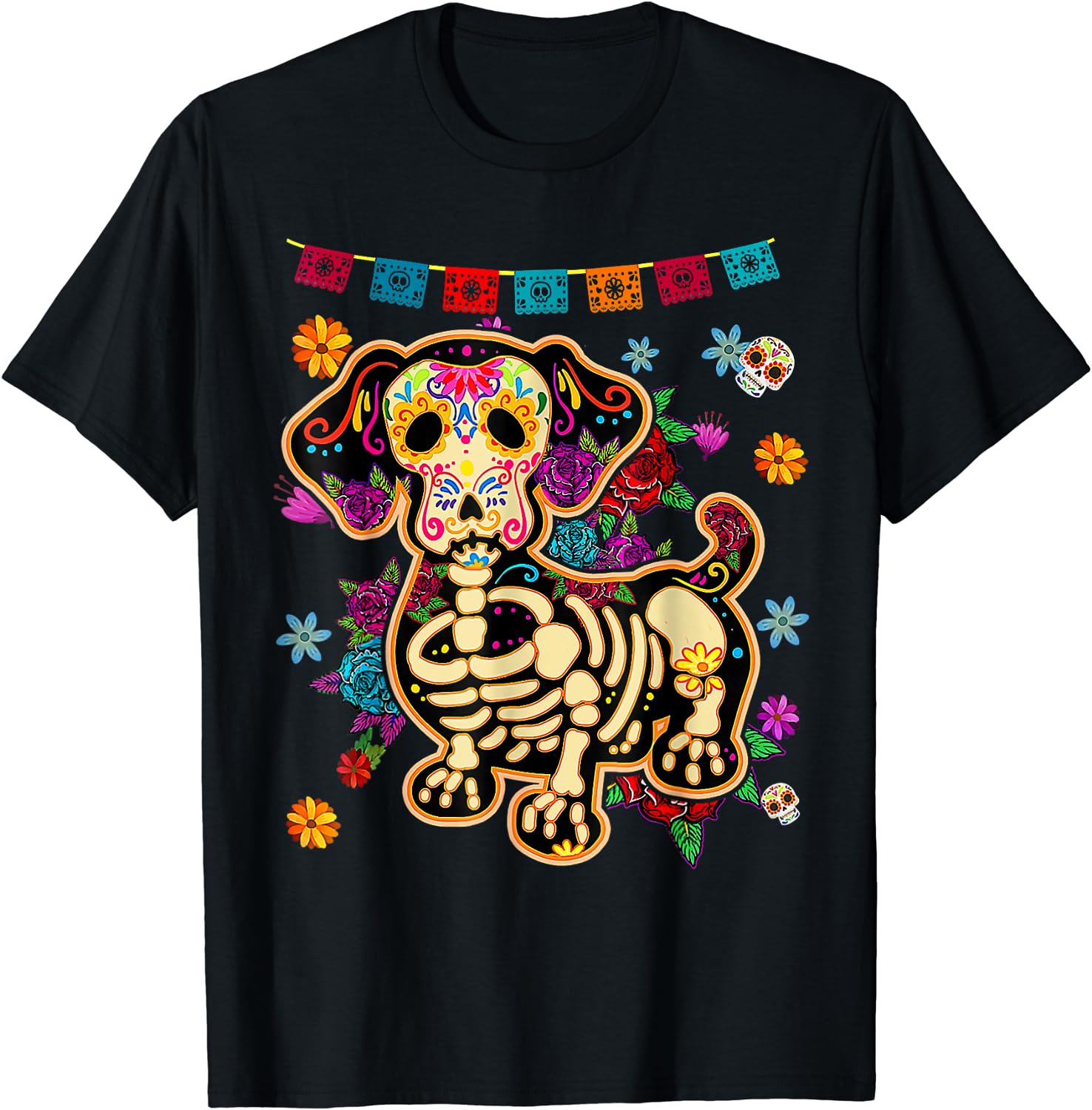 Color: black, Size: XL - Sugar Skull Mexican Dachshund Bone Halloween Day of Dead T-Shirt Casual Cotton Four Seasons Graphic T Shirts Funny T Shirts