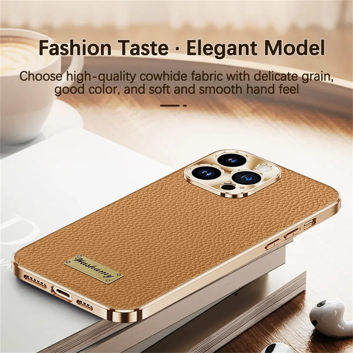 Color: Beige, Compatible-Phone Models: For iPhone 16 Pro - Luxury Genuine Leather Phone Case For iPhone 15 14 13 Pro Max Plating Soft Silicone Frame Shockproof Cover For iPhone 16 Pro Max