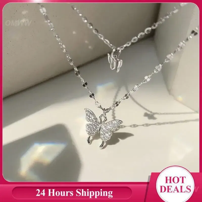 Metal Color: Steel color, Ships From: CHINA - Necklace Unique Design Exquisite Sparkling Pendant Necklace Flash Double Layer Butterfly Pendant Joker Necklace