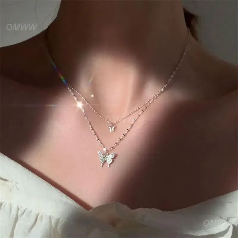 Metal Color: Steel color, Ships From: CHINA - Necklace Unique Design Exquisite Sparkling Pendant Necklace Flash Double Layer Butterfly Pendant Joker Necklace