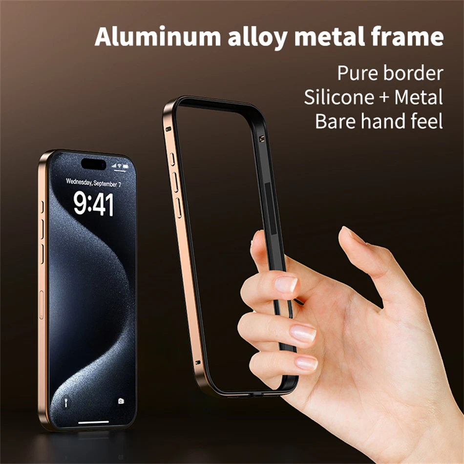 Color: black, Material: EVA - Titanium Metal Frame Bumper Shockproof Case for IPhone 16 15 Pro Max Plus 5G for Apple Solid Colour Protection Phone Cover