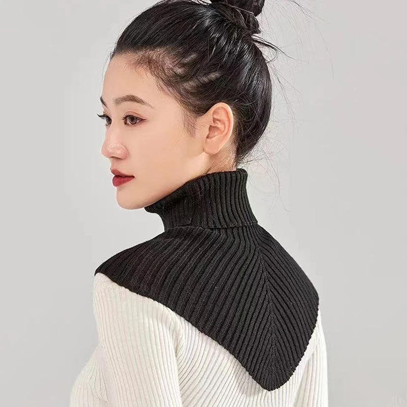 Color: green - Women Winter Knitted Cotton Fake Collar Scarf Women Warm Turtleneck Neck Warmer Detachable Winter Windproof Scarf 36*28cm
