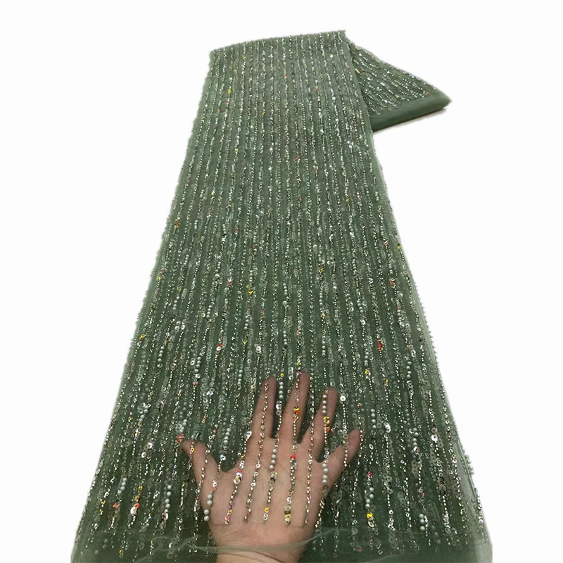 Color: green, Length: 5 yards, Width: 120cm - African Lace Fabric 2025 Sequins Beaded Embroidery Groom Nigerian Bridal High Quality French Tulle Lace Fabric For Wedding