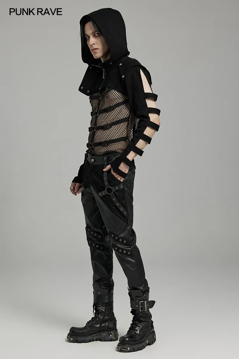 Color: black, Size: XL - PUNK RAVE Men's Punk Sleeves Are Hollow Loop Straps Short Coat Handsome Cool Stand Up Collar Casual Mens Jacket Autumn