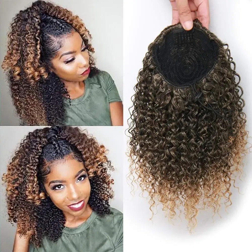 Color: T1B/27, Stretched Length: 20inches - Synthetic Short Afro Kinky Curly Ponytail Hair Piece for African American Ponytail Extension Afro Kinky Curly Ponytail for Women