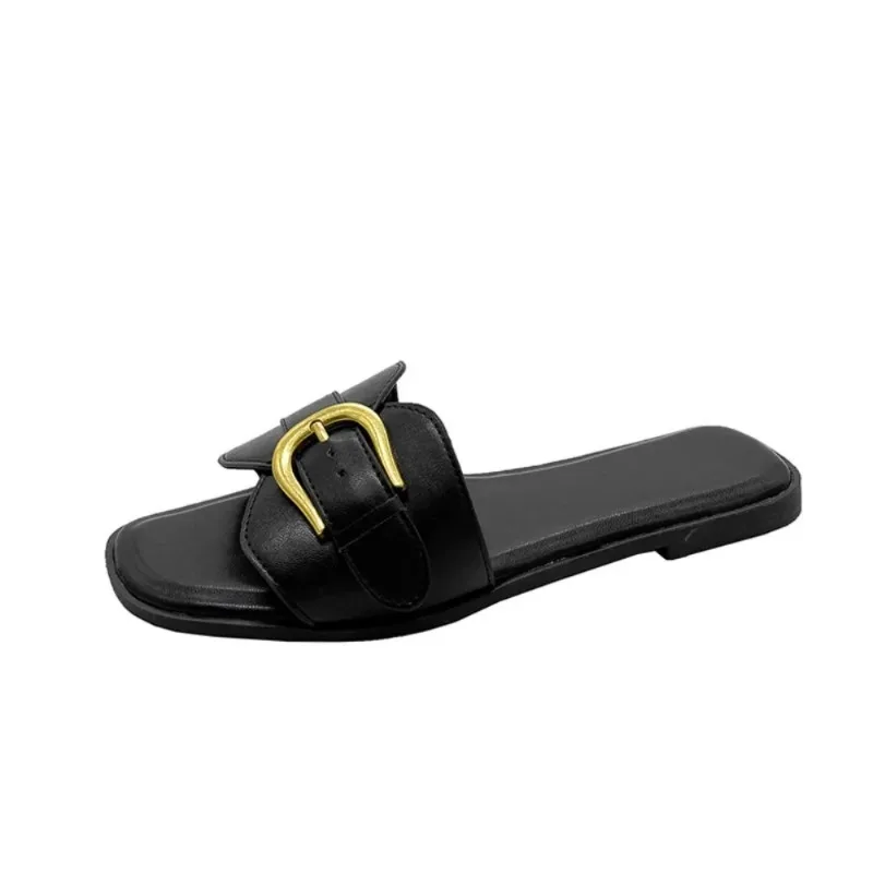Color: black, Shoe Size: 35 - Slippers Casual Fretwork Heels String Bead Shoes Woman 2024 Pantofle Shale Female Beach Luxury Soft Flat New Sabot Fashion Slide