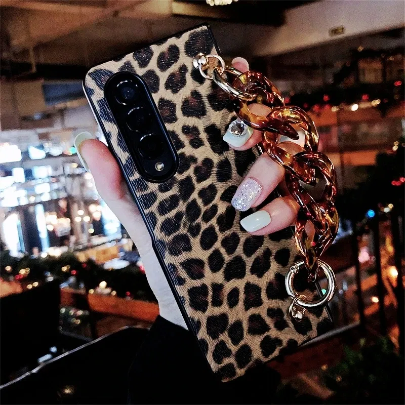 Color: Black, Material: Canvas - Luxury Leopard Print PU Leather Phone Case For Samsung Galaxy ZFold 5 Z Fold 4 Z Fold 3 5G Cover with Wrist Strap for Woman Girl