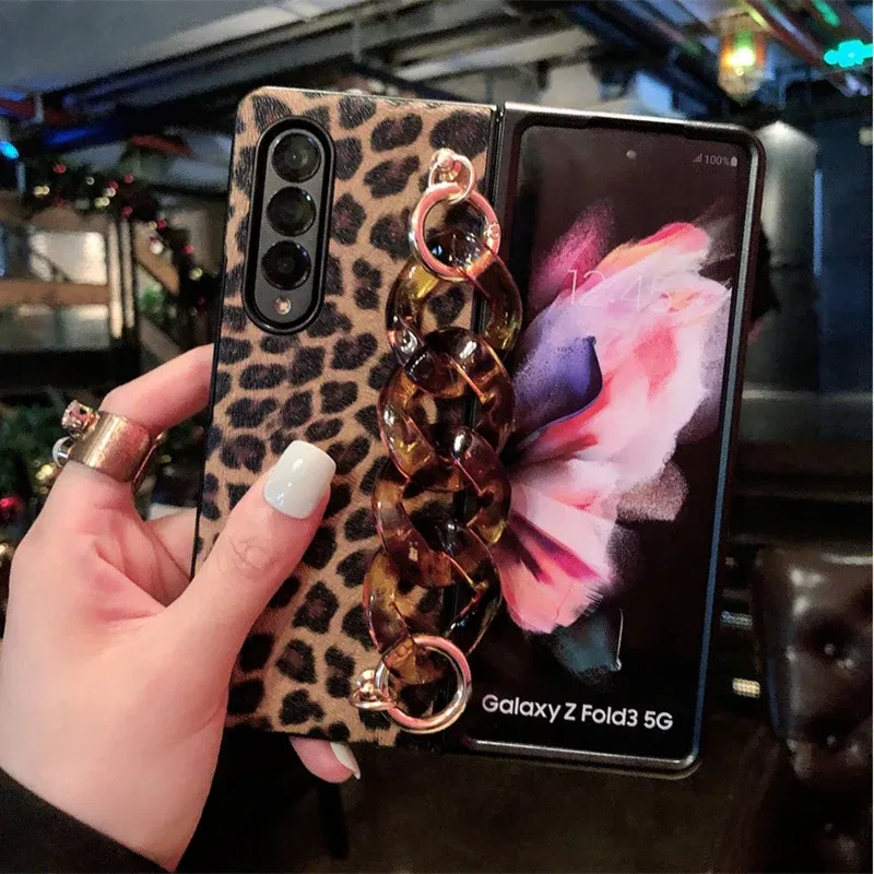 Color: Black, Material: Canvas - Luxury Leopard Print PU Leather Phone Case For Samsung Galaxy ZFold 5 Z Fold 4 Z Fold 3 5G Cover with Wrist Strap for Woman Girl