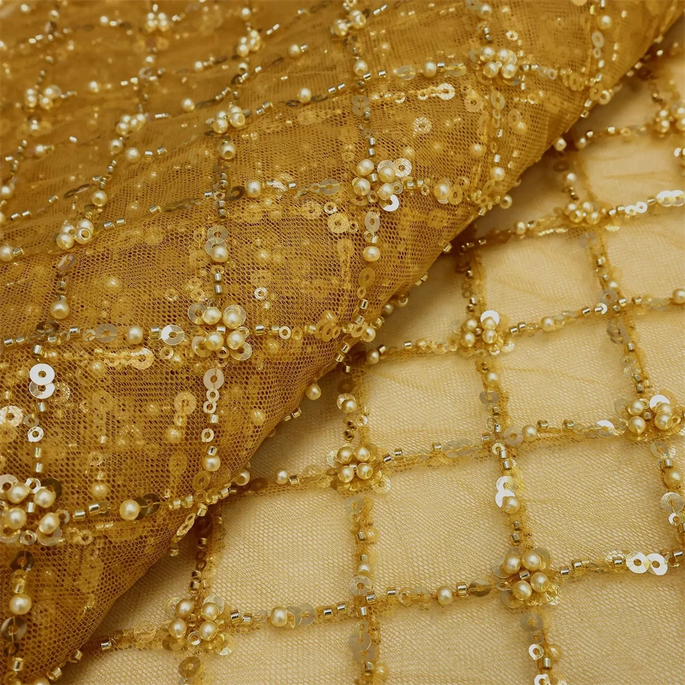 Color: Gold, Length: 5 yards, Width: 120cm - Gold African Sequins Lace Fabric 2025 High Quality French Nigerian Groom Lace Mesh Fabrics Beads For Sewing Dress Wedding Party