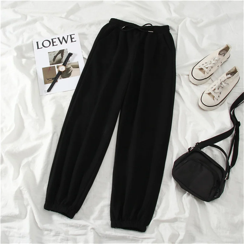 Color: black, Size: S - Gray women Sweatpants Autumn New Baggy Fashion Oversize Sports Pants Black winter thick Joggers Streetwear Trousers