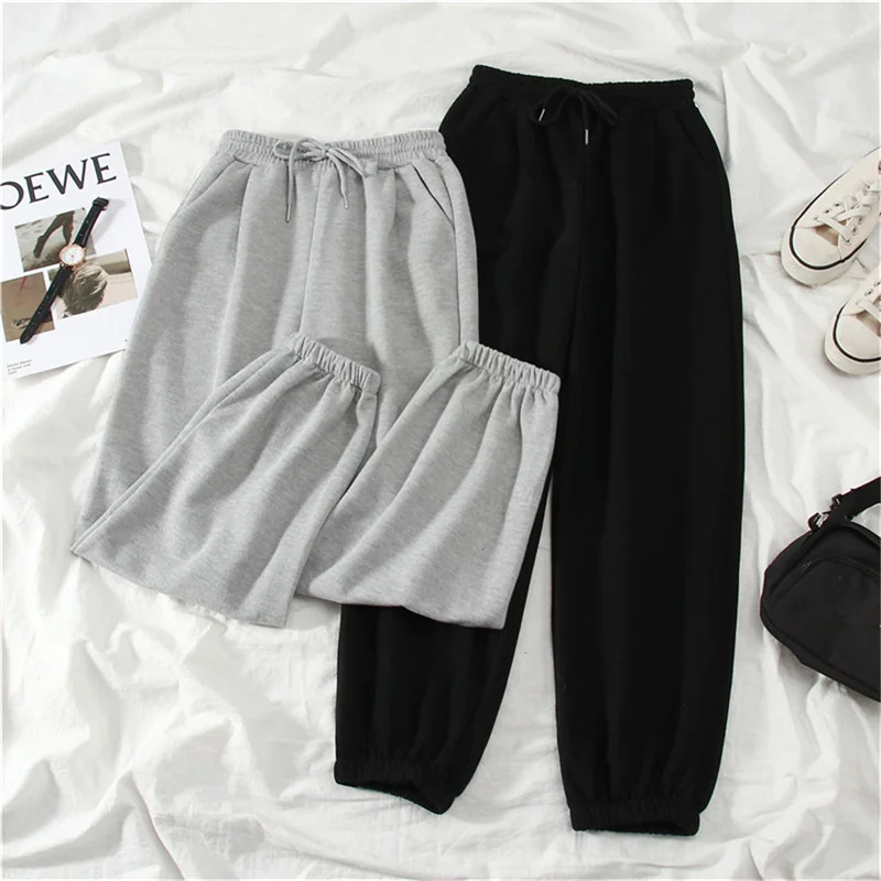 Color: black, Size: S - Gray women Sweatpants Autumn New Baggy Fashion Oversize Sports Pants Black winter thick Joggers Streetwear Trousers