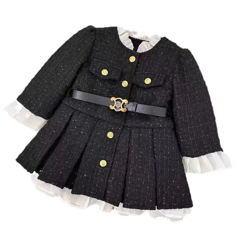 Color: Beige, Kid Size: 5T - 2025 Fall Winter Girls' Fleece-Lined Dress Plush Cotton Padded Party Dress Chic Tweed A-Line Outfit Warm Elegant Toddler Gown