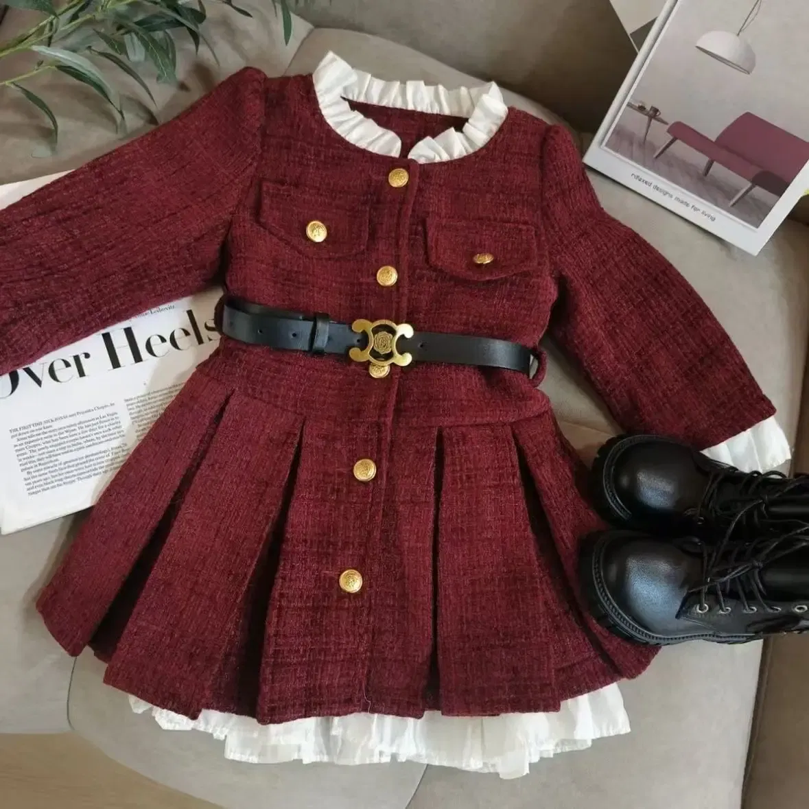 Color: Beige, Kid Size: 5T - 2025 Fall Winter Girls' Fleece-Lined Dress Plush Cotton Padded Party Dress Chic Tweed A-Line Outfit Warm Elegant Toddler Gown