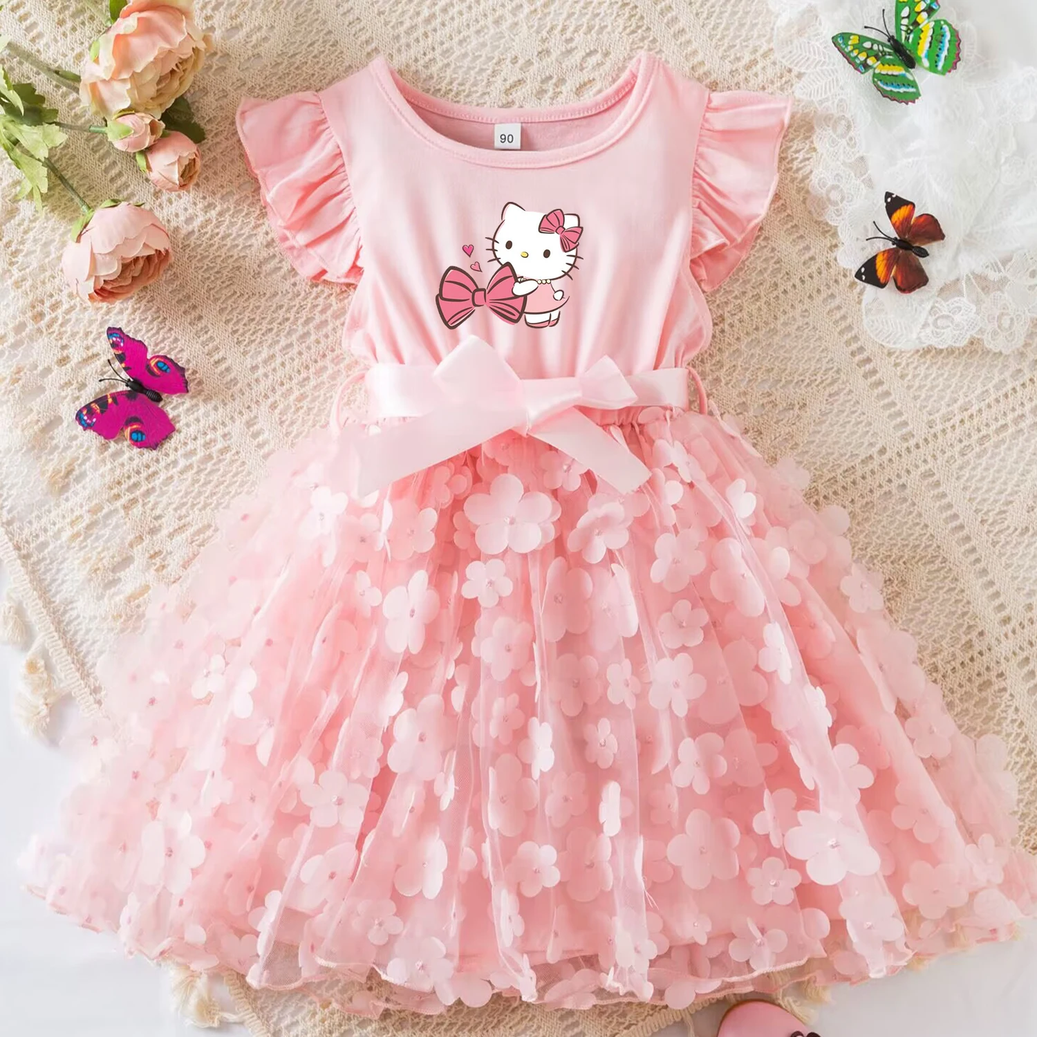 Color: Pink, Size: M - Hello Kitty Summer Dress for Kid's Casual Clothes 3D Butterfly Cute Baby Girls Princess Dress Party Dresses 2-6 Yrs