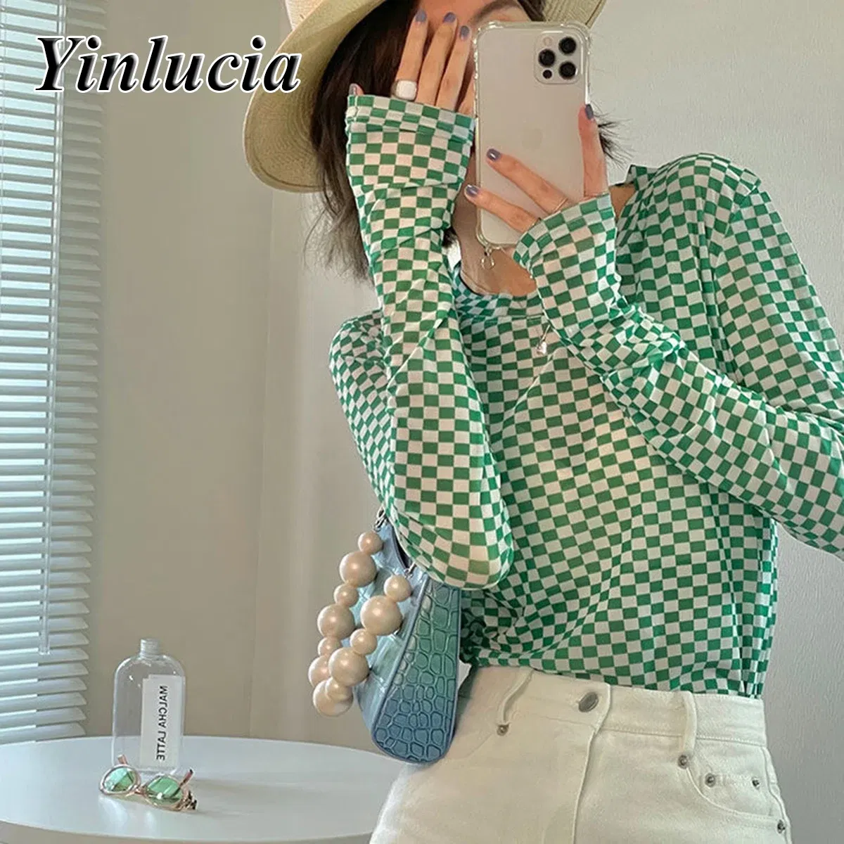 Color: Beige, Size: L, Ships From: CN - Checkerboard Tee Elastic Slim Tops Women Blouses Sexy Mesh Ice Silk Thin Base Shirt Blouse Hot Babes Pullover Y2K Street Wear